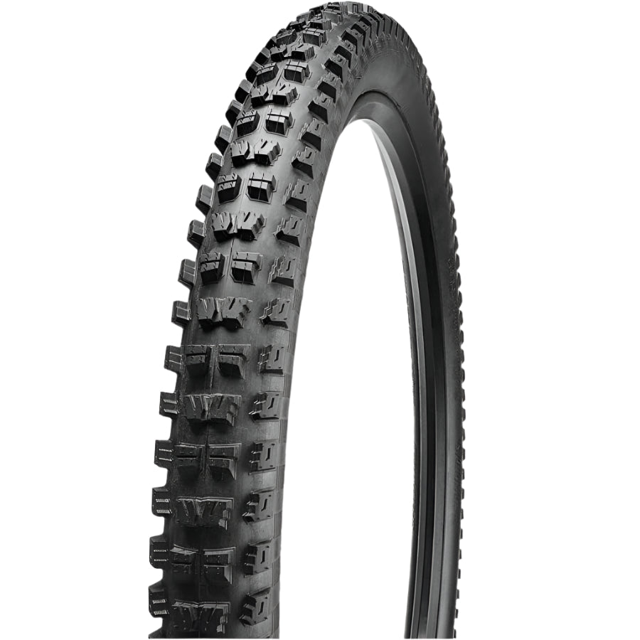 Bicycle tire with knobby tread pattern on a white background