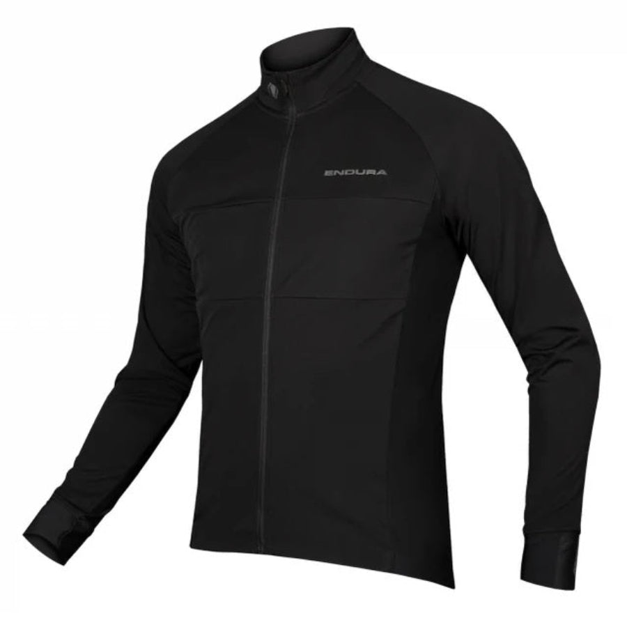 Black long-sleeve athletic shirt with a brand logo on a white background