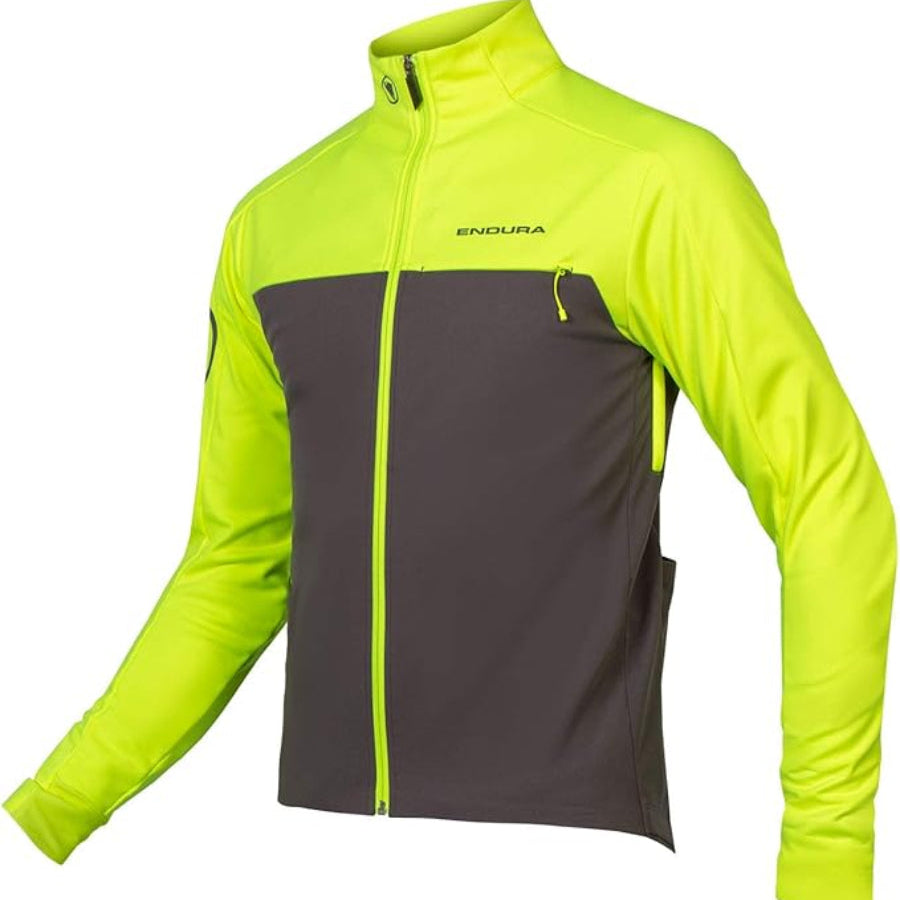 Two-tone yellow and gray jacket with 'Endura' branding on a white background