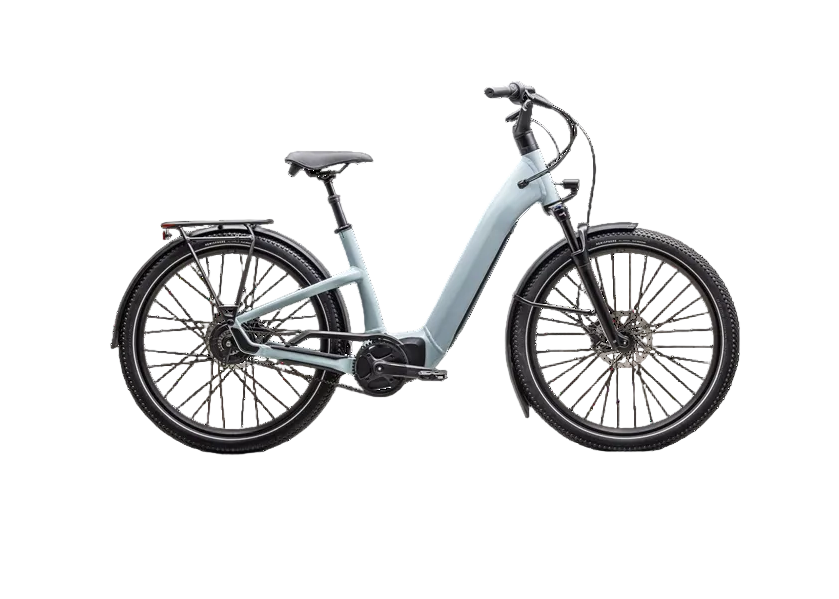 Light blue electric bicycle on a white background