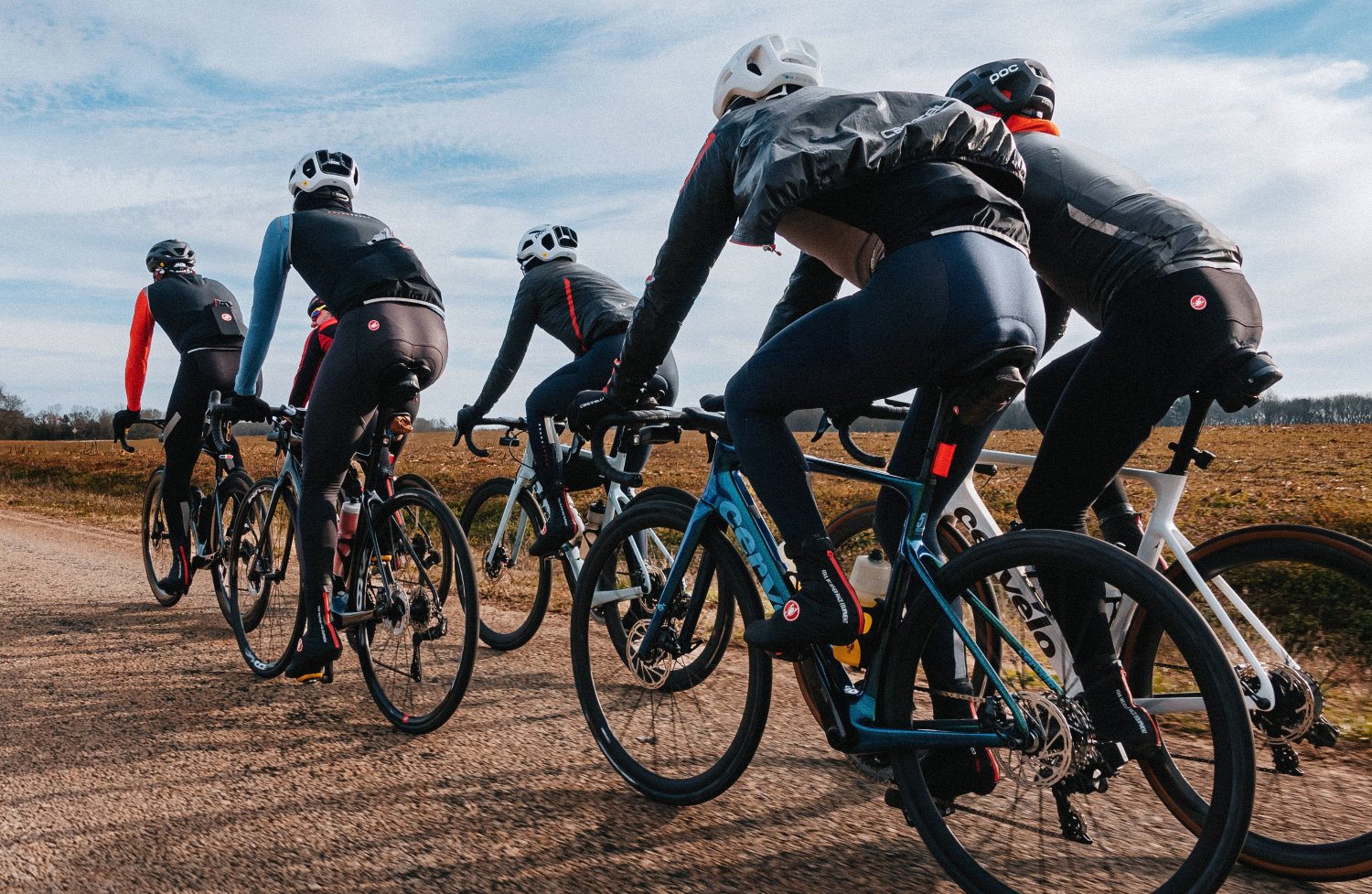group of cyclists riding cervelo caledonia road bicycles