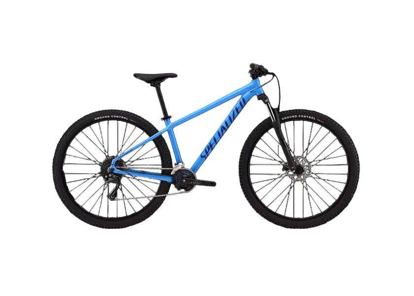 Blue bicycle with 'Specialized' branding on a black background
