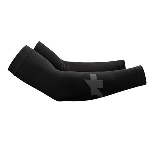 Black arm sleeves with a logo on a white background