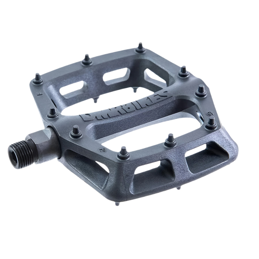 Black DMR bicycle pedal with 'Duel' branding on a white background
