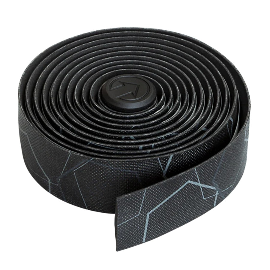 Roll of black bicycle handlebar tape with a geometric pattern on a white background