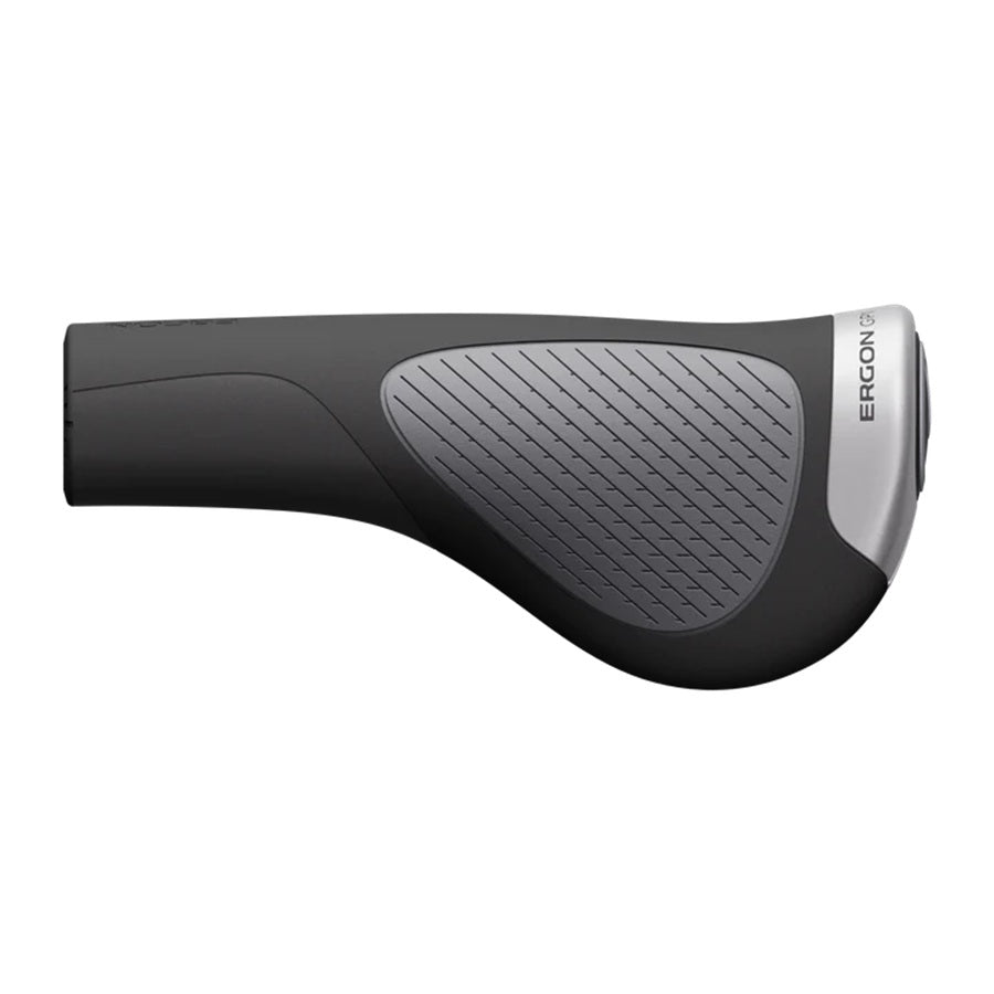 Black and gray ergonomic handlebar grip with 'Ergon' branding on a white background