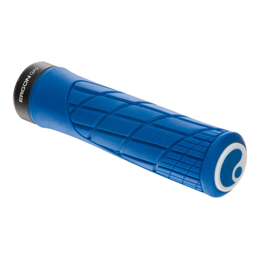 Blue bicycle handlebar grip with Ergon logo on a white background