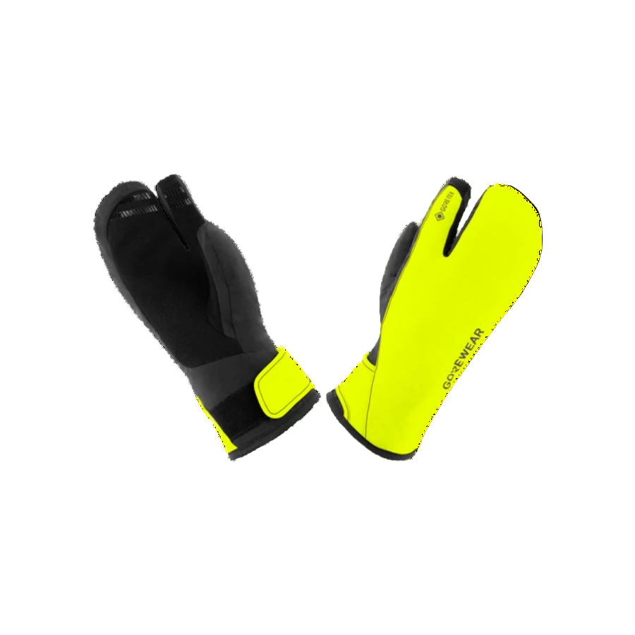 Pair of black and yellow gloves on a white background