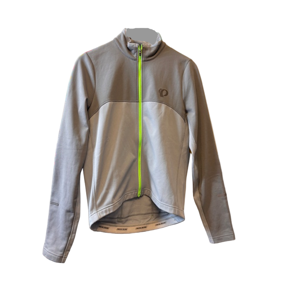 Gray jacket with a green zipper on a rack against a colorful background