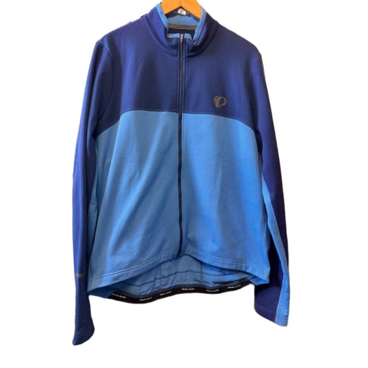 Blue and purple jacket with a brand logo on a hanger against a colorful background