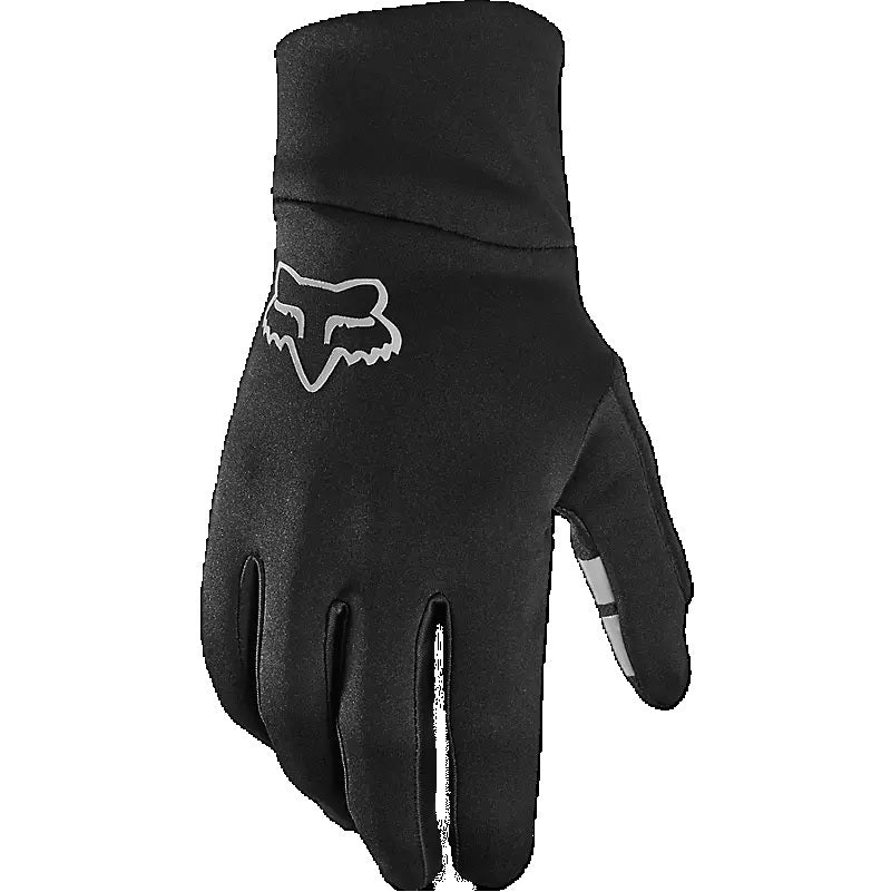 Pair of Fox Ranger Fire Black colour gloves with a logo on a white background