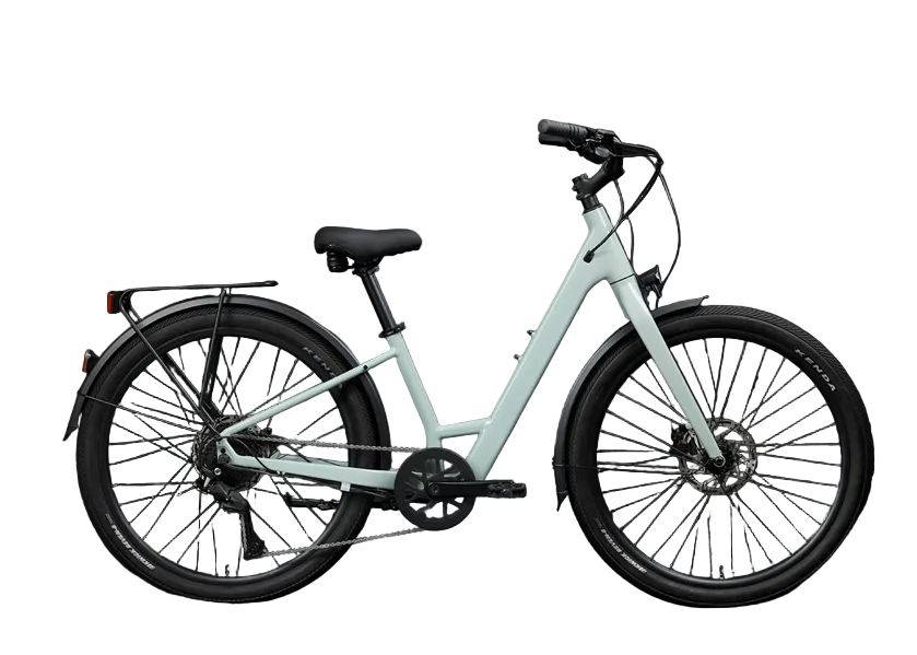 A step-through electric bicycle in a pale mint green frame with black tires, saddle, and handlebars, photographed in profile against a dark studio background.