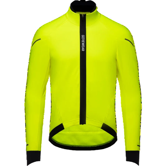 Fluorescent yellow cycling jacket with black accents on a white background