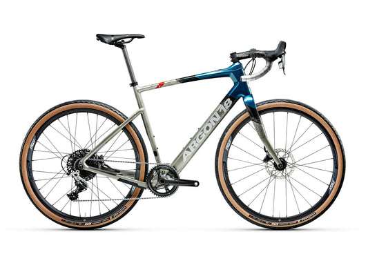 Argon 18 Subito E-Gravel Sram Rival 1X shown is grey and blue metallic.