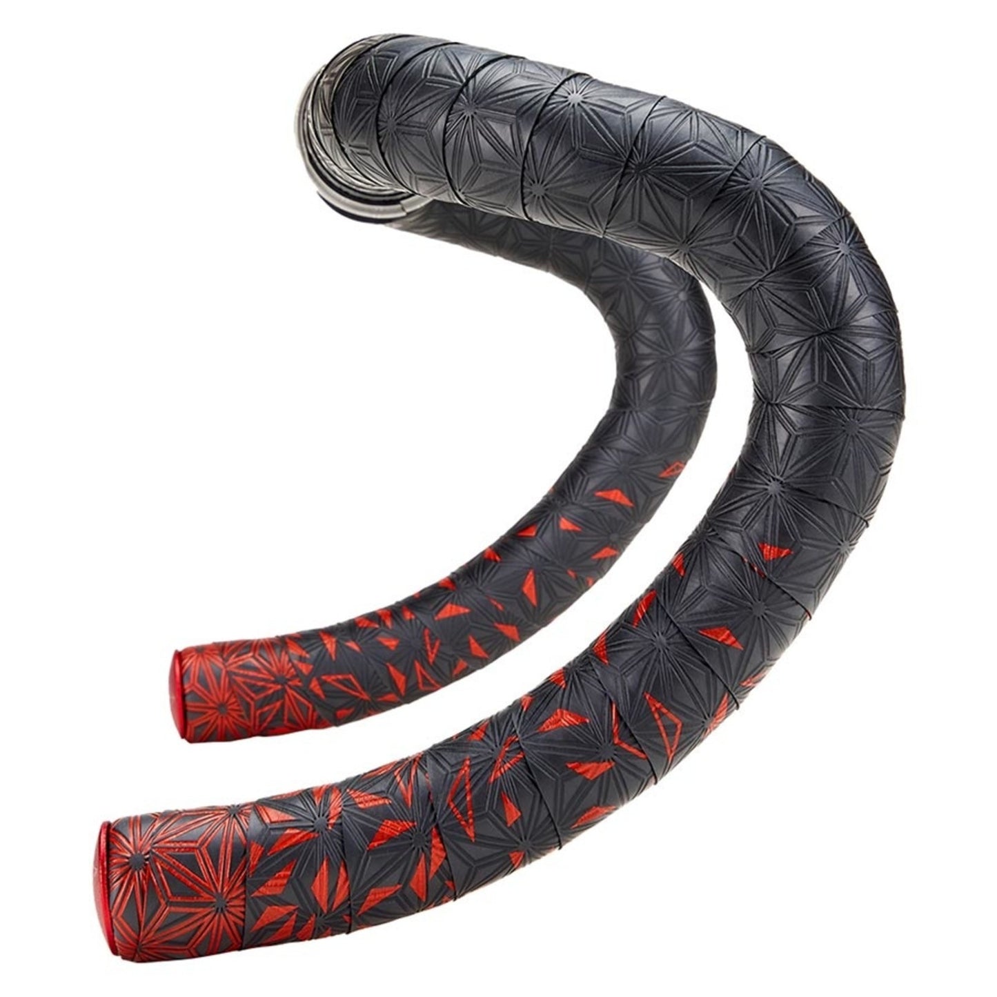 A set of black handlebar tape with red star patterns, along with aluminum bar plugs with a star design.