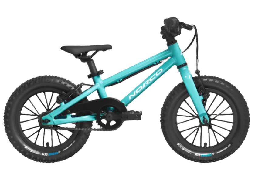 Turquoise children's bike with black accents on a white background