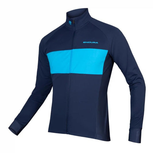 Blue and turquoise cycling jacket with 'Endura' branding on a white background