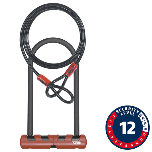 U-shaped bike lock with a cable and security level indicator on a white background