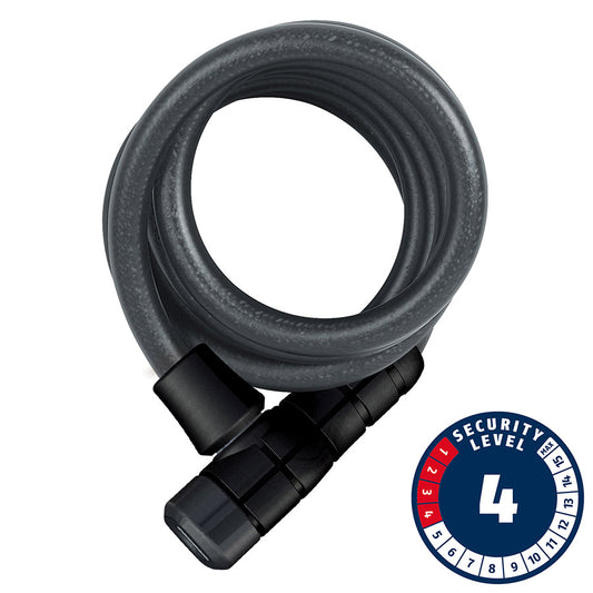 Coiled Cable with key lock, Abus Booster 6512K,12mm x 180cm (12mm x 5.9') with security level indicator on a white background