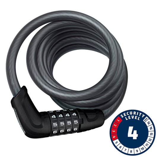 Coiled Cable with 4 digit combination lock, Abus, Tresor 6512C, 12mm x 180cm (12mm x 5.9') with a black combination lock on a white background, featuring a security level indicator.