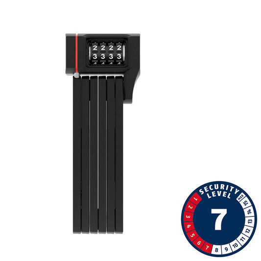 Black Abus, Bordo uGrip 5700C, Folding Lock, Combination, 80cm, 2.6', 5mm,with a security level indicator on a white background