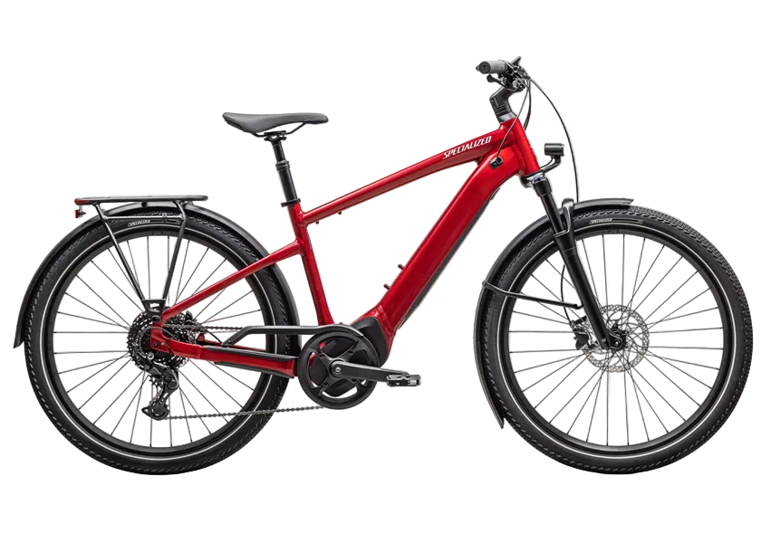 A red step-through Vado 4.0 electric bicycle with black tires, fenders, saddle, and drivetrain components, shown in a clean side profile on a light gray background