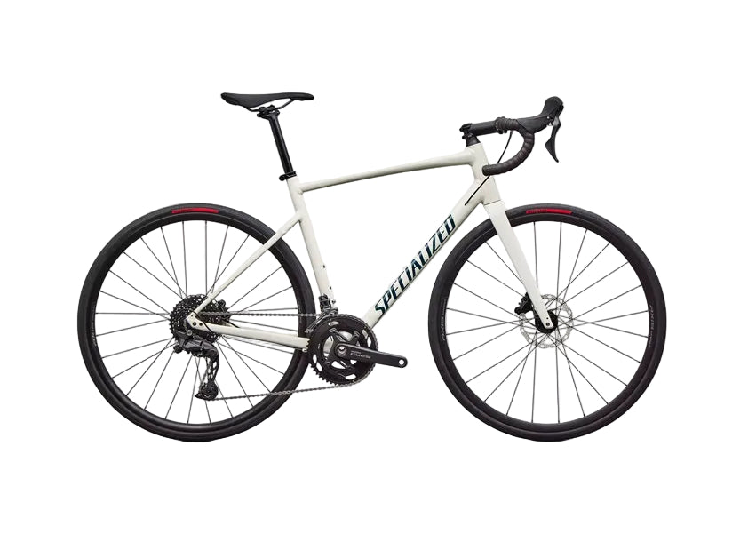 White bicycle with black components on a white background