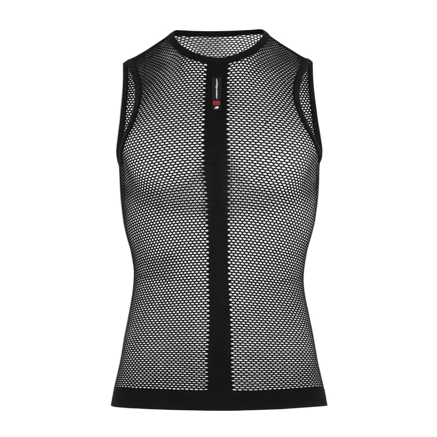 Black mesh sleeveless top on a light gray background