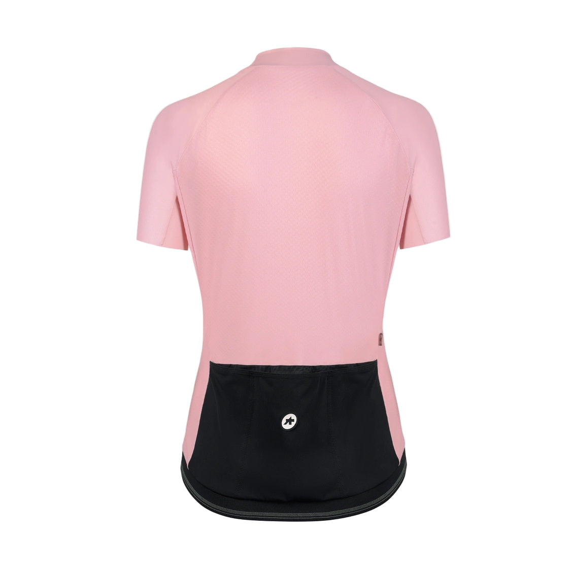 Pink Assos Uma cycling jersey with black bib shorts on a white background