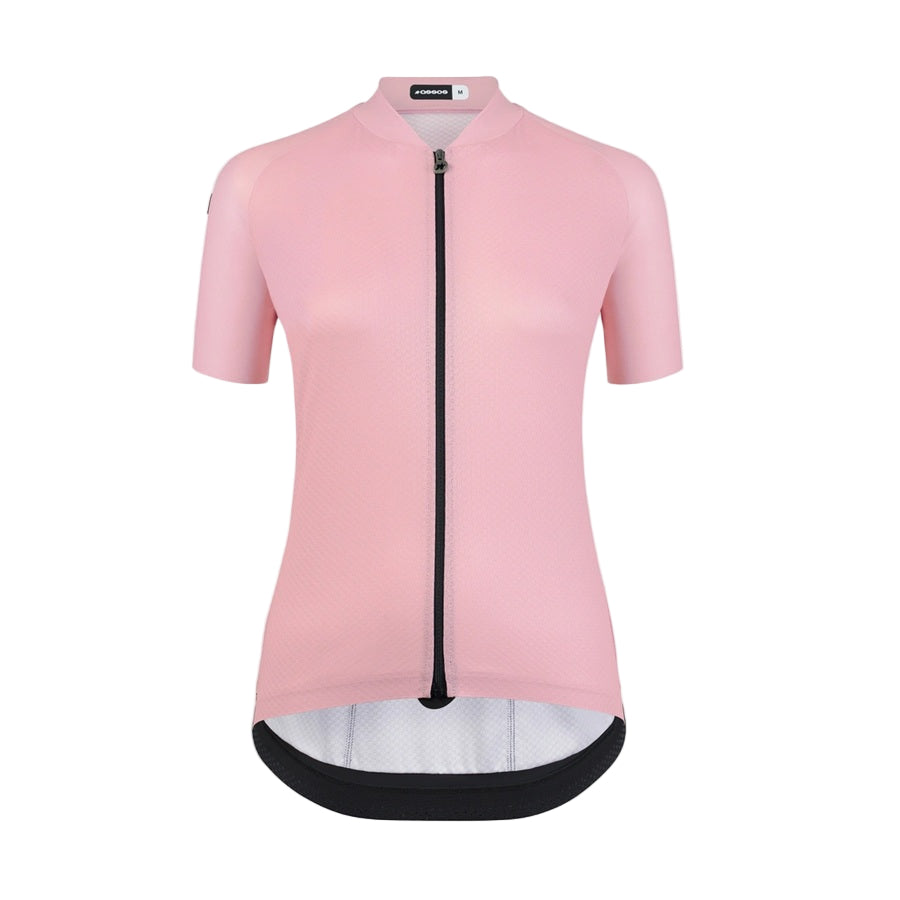 Pink Assos Uma cycling jersey with a black zipper on a white background