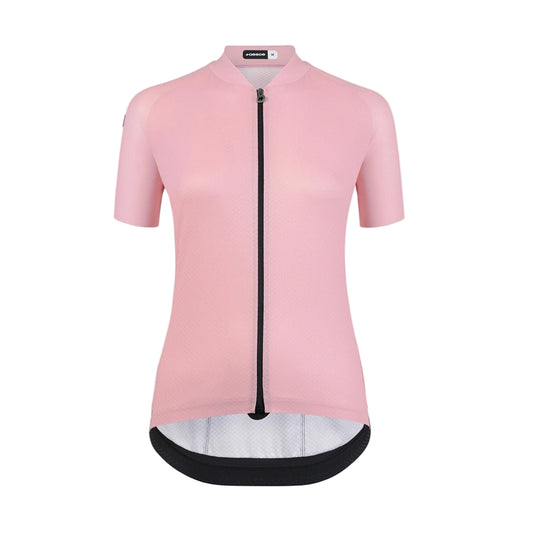 Pink Assos Uma cycling jersey with a black zipper on a white background