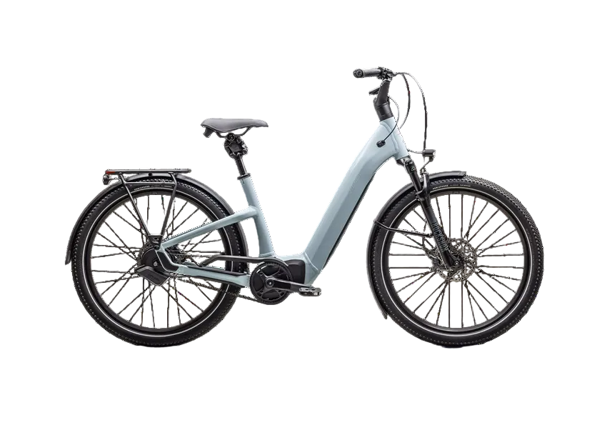 Light blue electric bicycle on a white background