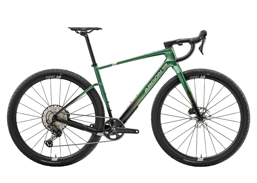 A green and black Argon 18 Dark matter GRX gravel bicycle with drop handlebars, black tires, and disc brakes, shown from a side profile on a solid white background.