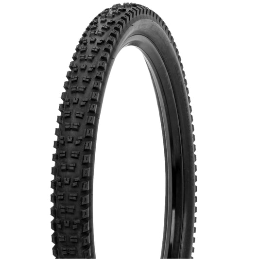 Black off-road tire with tread pattern on a white background