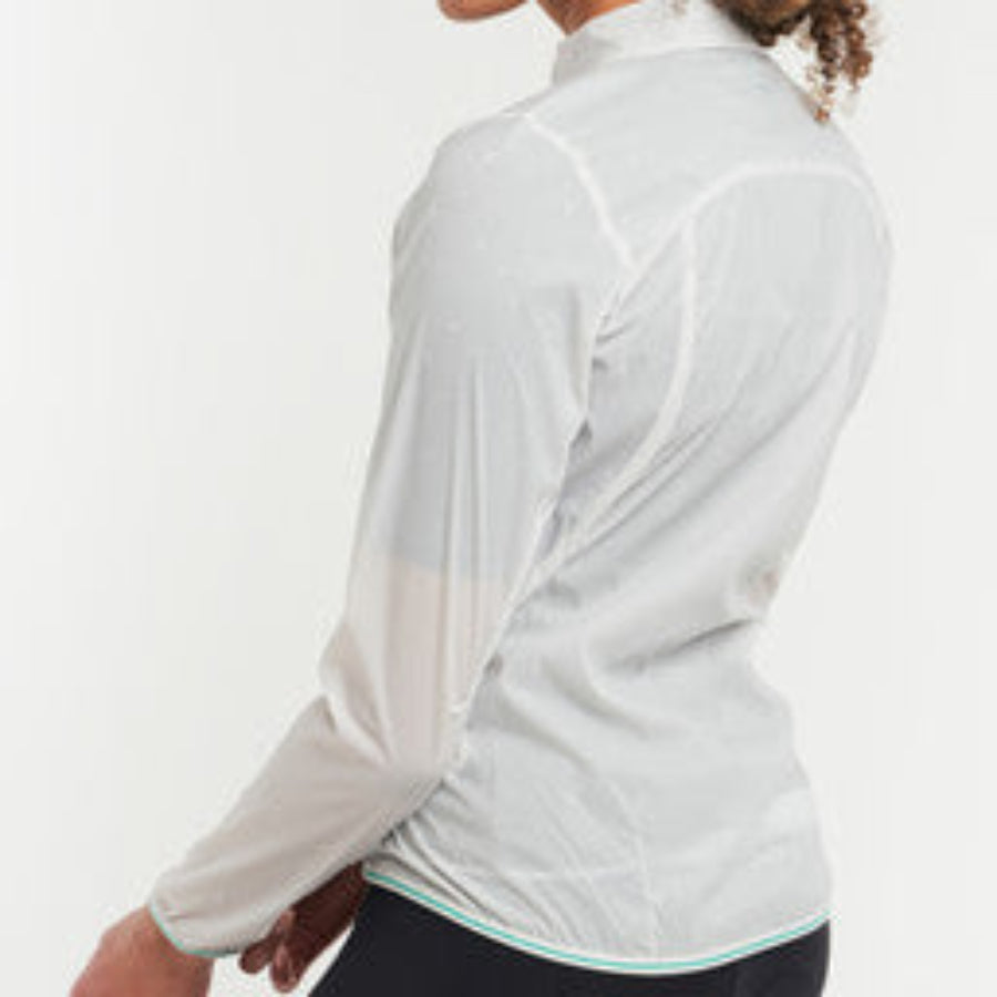 Woman wearing a light grey PEPPERMINT CYCLING WIND JACKETand leggings with sunglasses on a white background