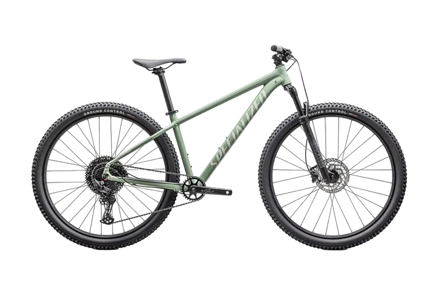 Green mountain bike on a white background