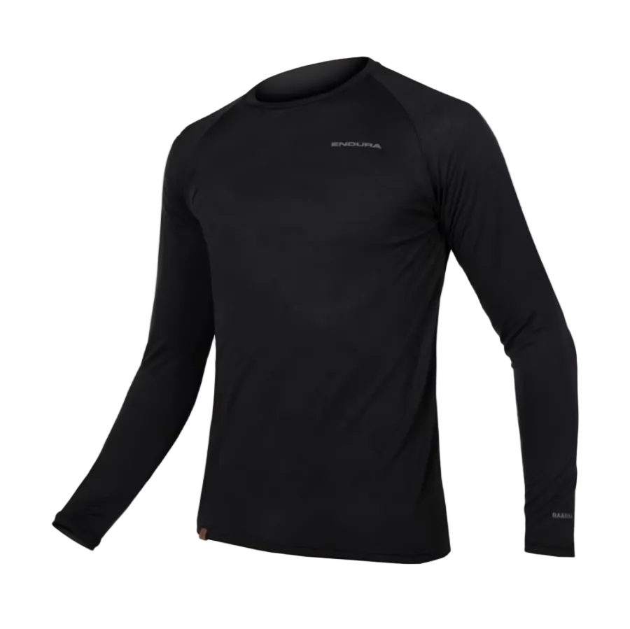 Black long-sleeve shirt with a brand logo on a light gray background