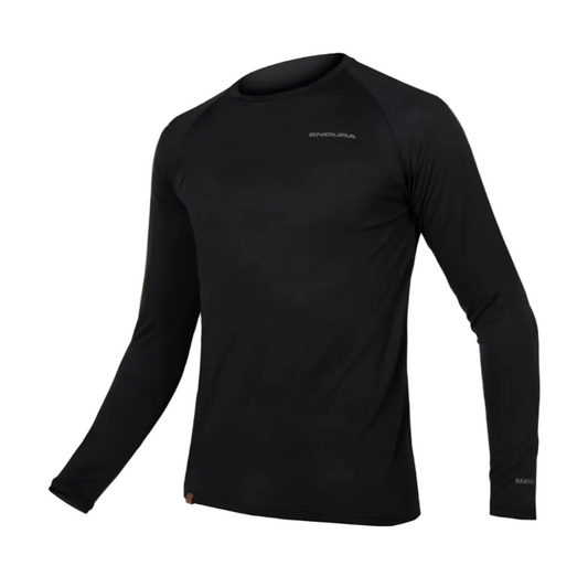 Black long-sleeve shirt with a brand logo on a light gray background