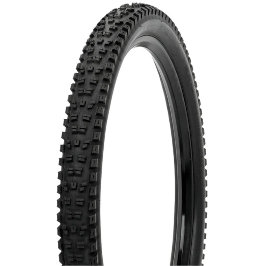 Black off-road tire with tread pattern on a white background