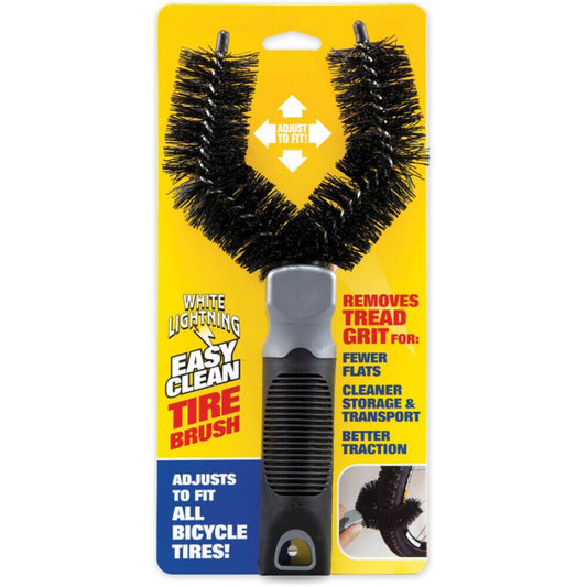 White Lightning Easy Clean Tire Brush packaging with yellow and blue design