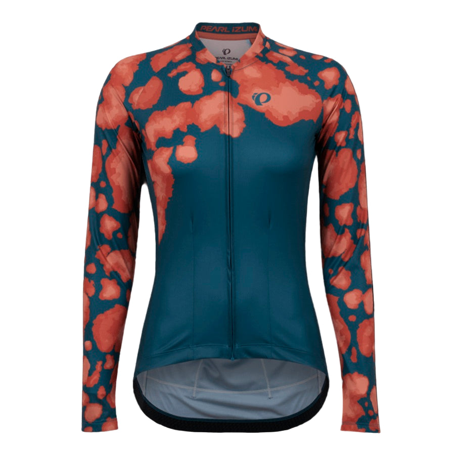 Cycling jersey with blue and orange pattern on a black background