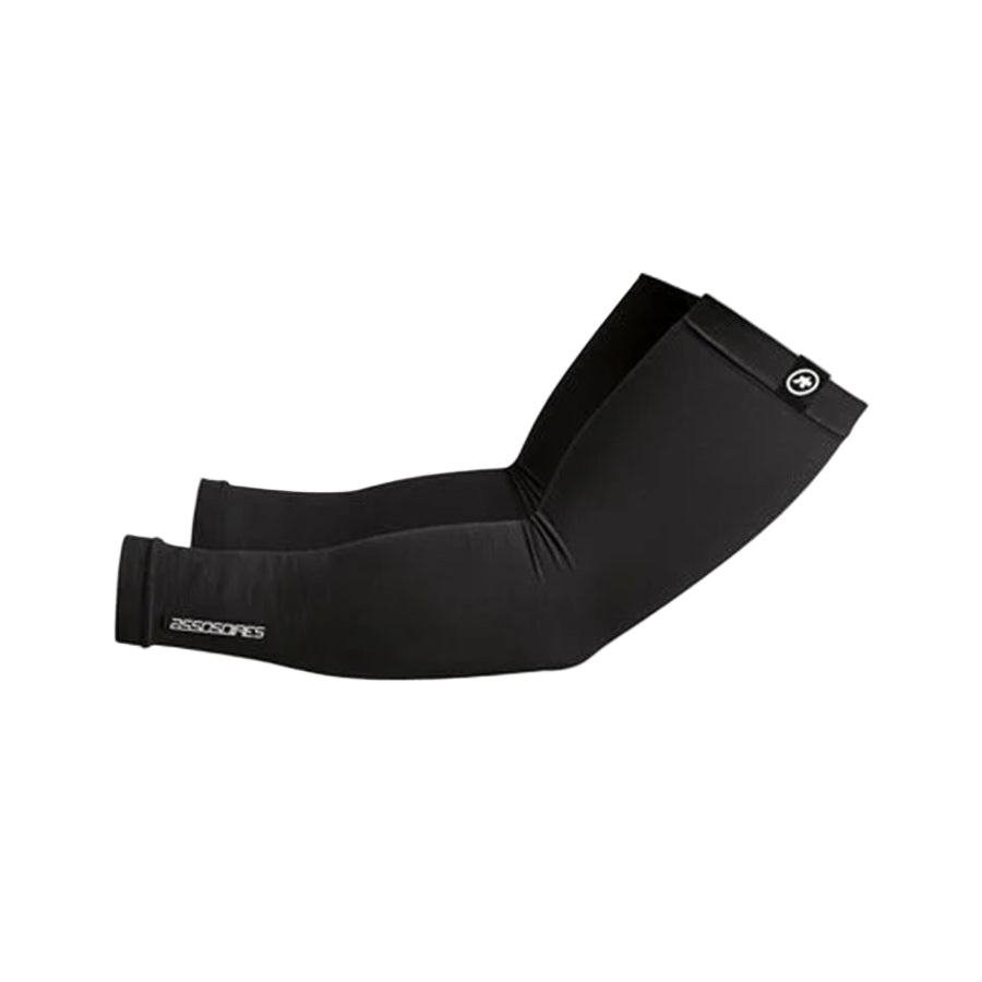 Black ASSOS arm warmers on a light gray background