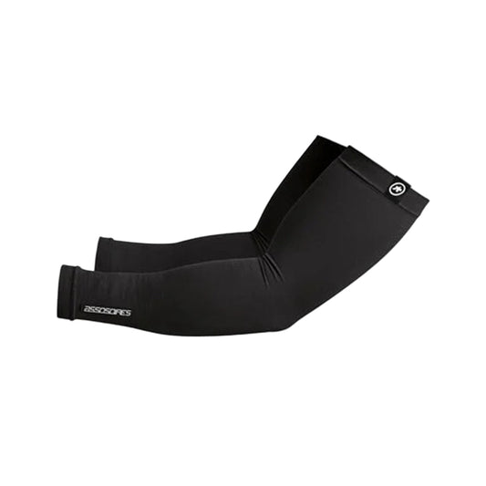 Black ASSOS arm warmers on a light gray background