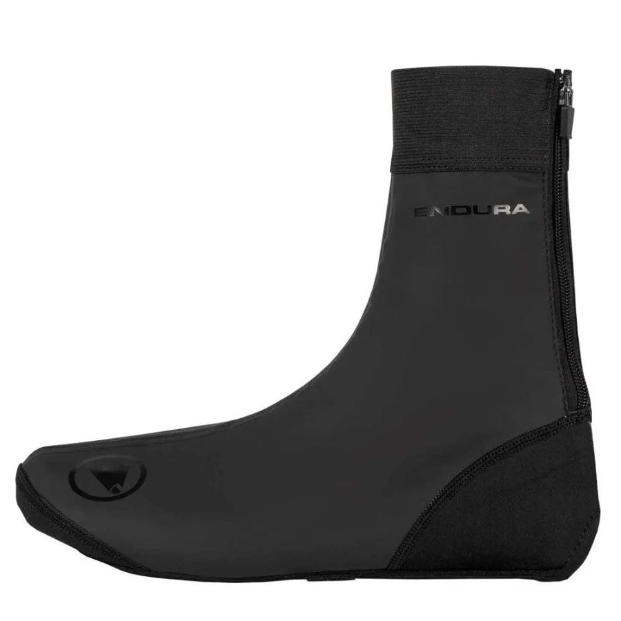 Black shoe cover with brand logo on a white background