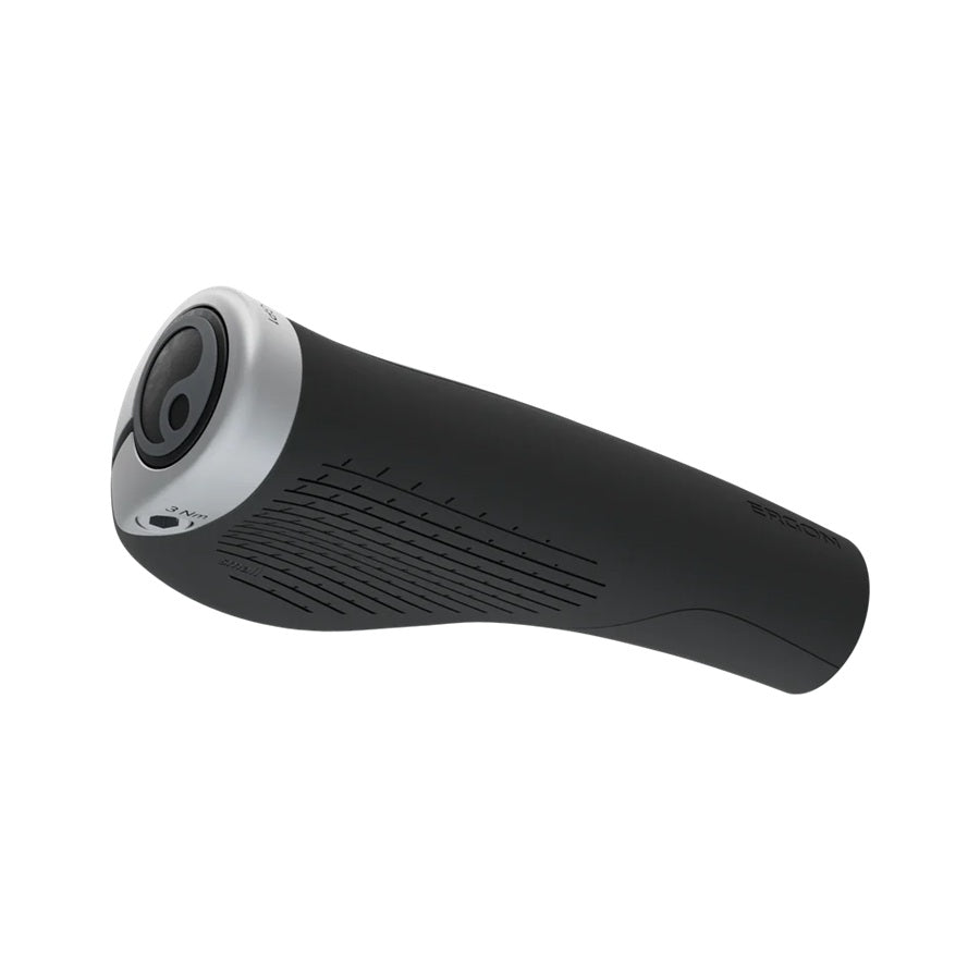 Black and silver handlebar grip on a white background