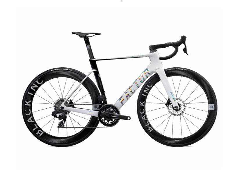 White Factor Ostro VAM Sram Force bicycle with black tires on a white background