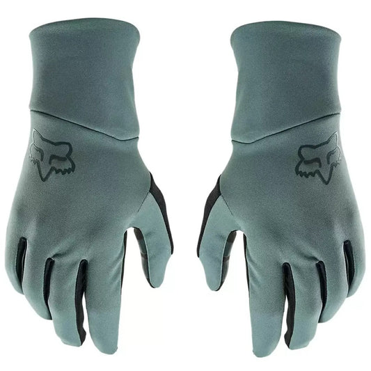 Pair of Fox Ranger Fire Seafoam colour gloves with a logo on a white background