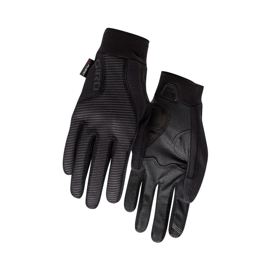Pair of black gloves on a light gray background