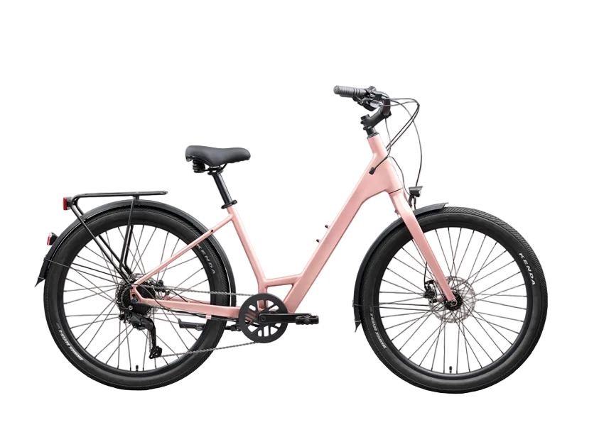 A step-through electric bicycle in a dusty pink frame with black tires, saddle, and fenders, photographed from the side against a solid light gray background.