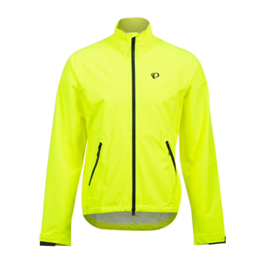 Yellow Pearl Izumi Monsoon cycling jacket with black zippers on a white background